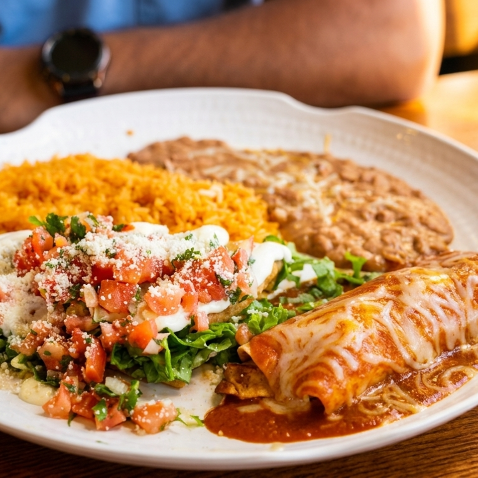 Mexican dinner platter with enchilada, refried beans, orange rice, and salad topped with pico de gallo and cheese.