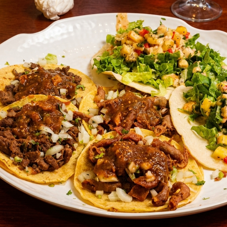 Platter of Mexican tacos topped with grilled meats, onions, salsa, lettuce, and shrimp with mango, alongside tortilla chips.