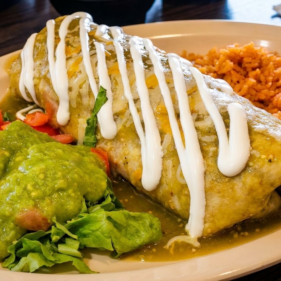 Golden chimichanga topped with sour cream and green sauce, served with Mexican rice, guacamole, tomatoes, and lettuce.