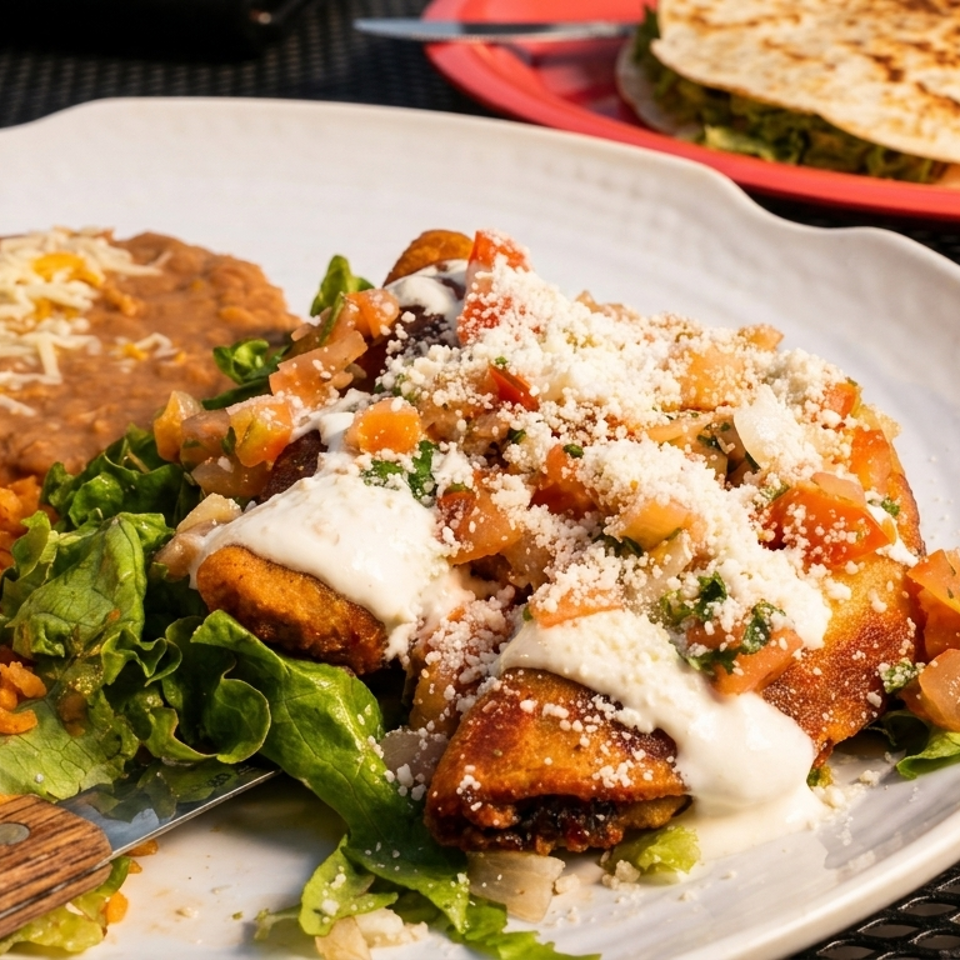 Mexican-style platter with enchiladas topped with crema, cheese, and pico de gallo, served with rice, refried beans, and lettuce.