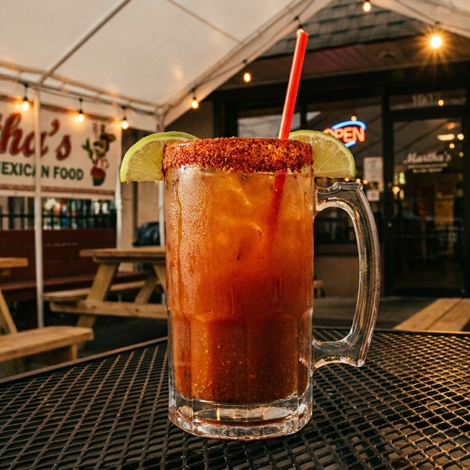 Michelada with a chili-salt rim, lime wedges, and red straw on a patio table outside Martha’s authentic Mexican restaurant.