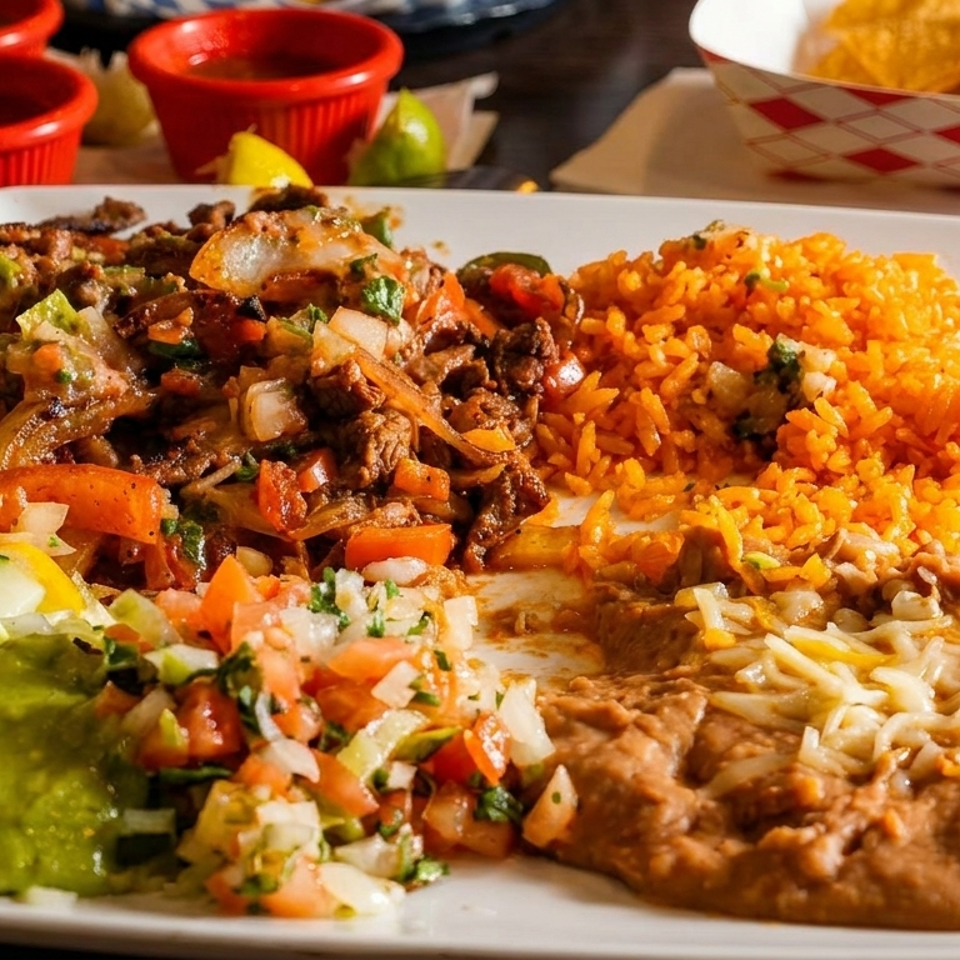Mexican platter with grilled beef and vegetables, orange rice, refried beans, pico de gallo, guacamole, cucumber, and tortilla chips.