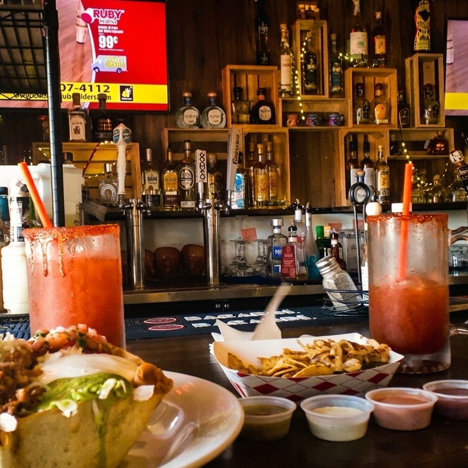 Restaurant bar counter with liquor shelves, two red drinks, a loaded taco salad, fries, sauces, and chips.